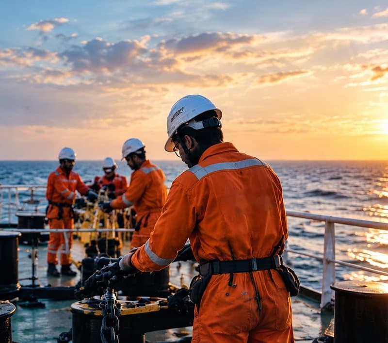 MMA cadets in orange coveralls working on a ship deck at sunset